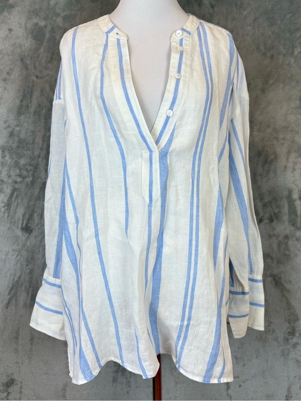 H&M Popover Linen Shirt White w/Light Blue Stripes Wmn’s S